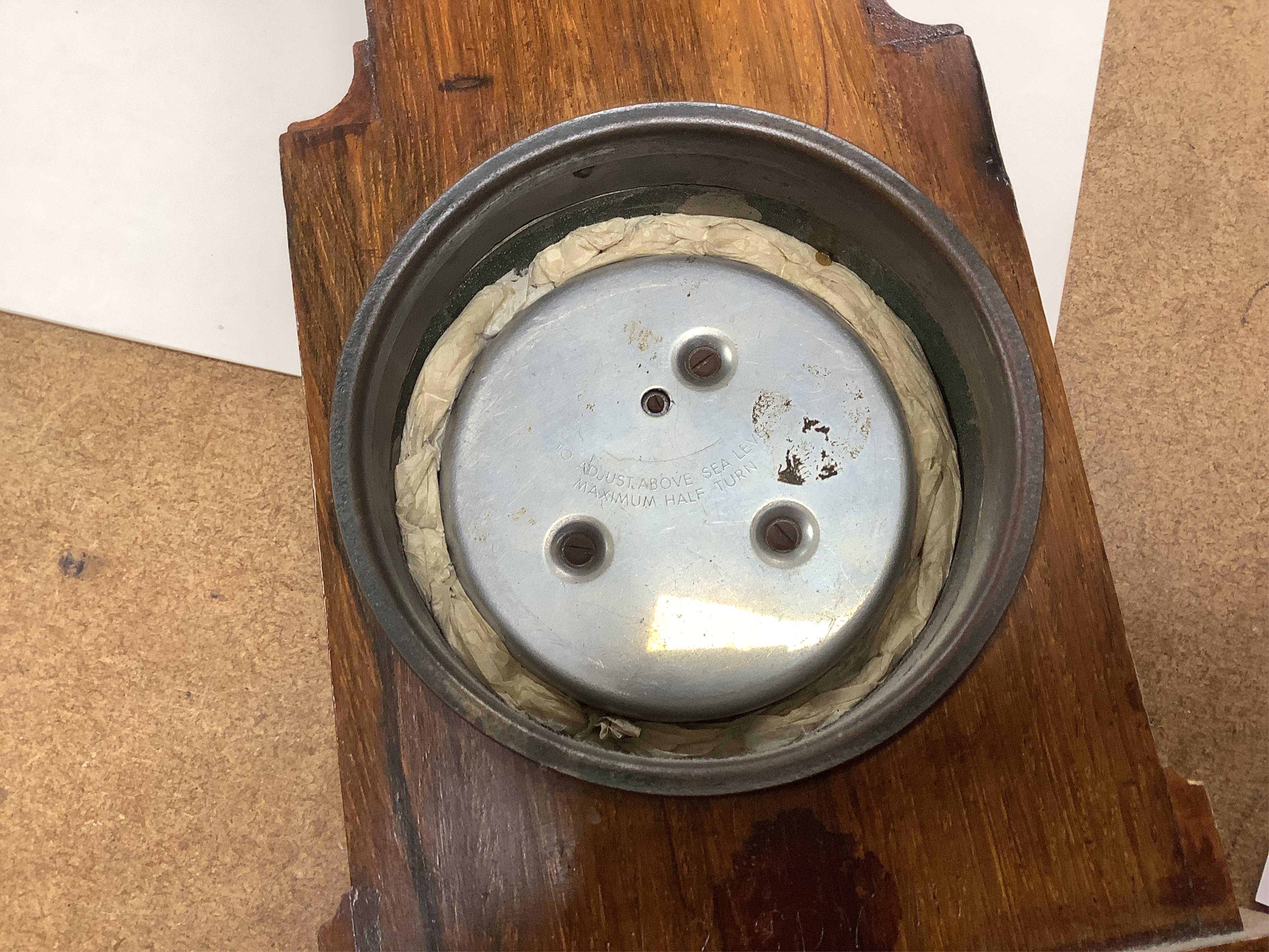 A miniature inlaid rosewood longcase clock with French movement and integral aneroid barometer and thermometer, the dial inscribed Aldis, Pimlico, 47cm high